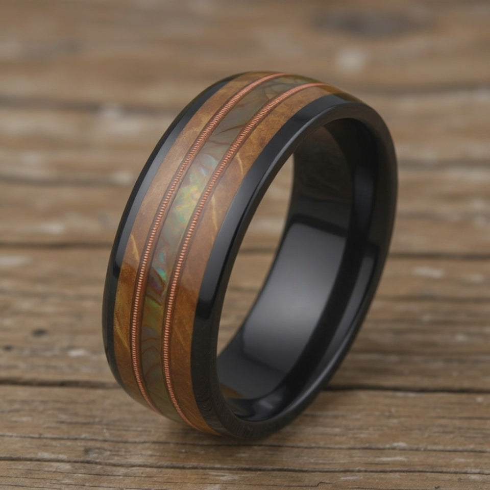 Black Tungsten + Abalone + Guitar String + Whiskey Barrel Oak Wood