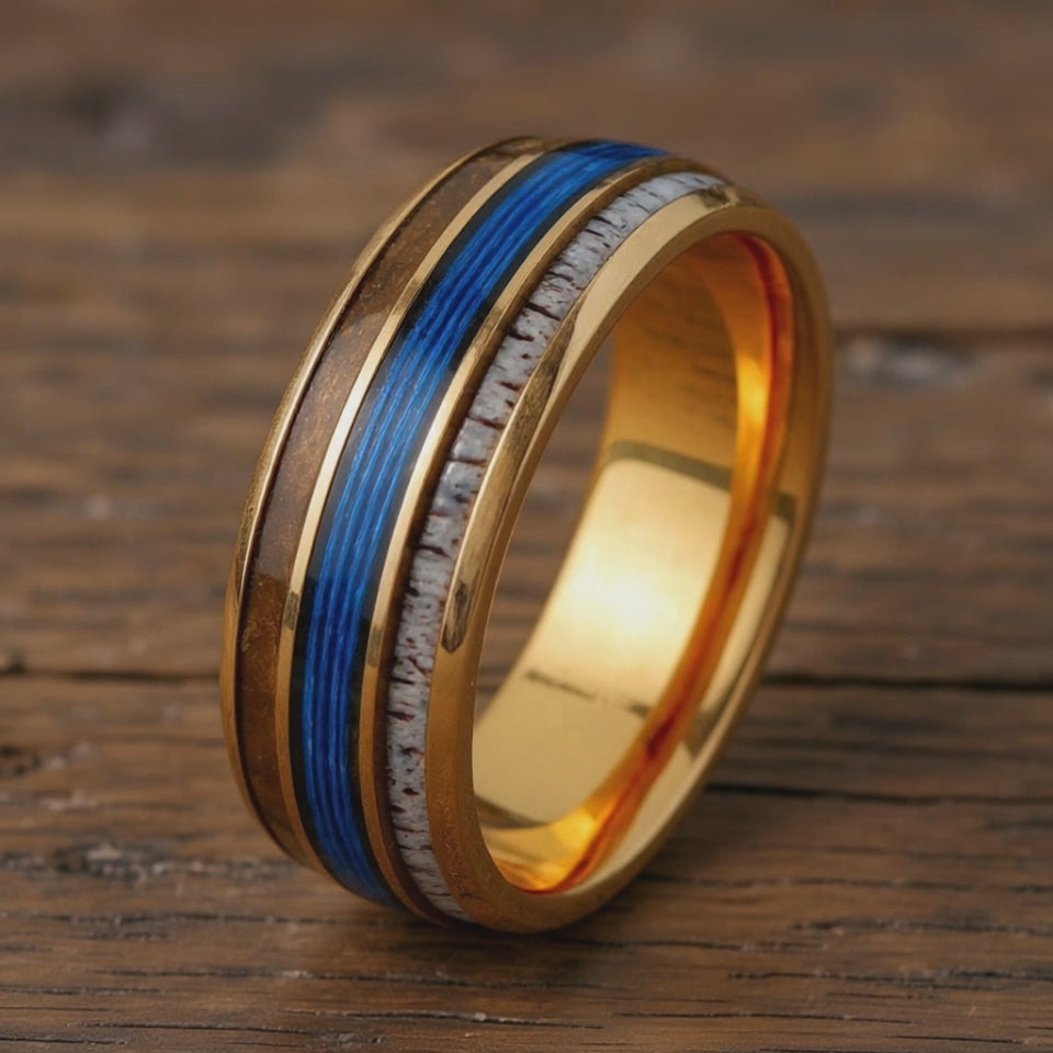 Rose Gold Tungsten + Whiskey Barrel Oak Wood+ Antler + Blue Fishing Line