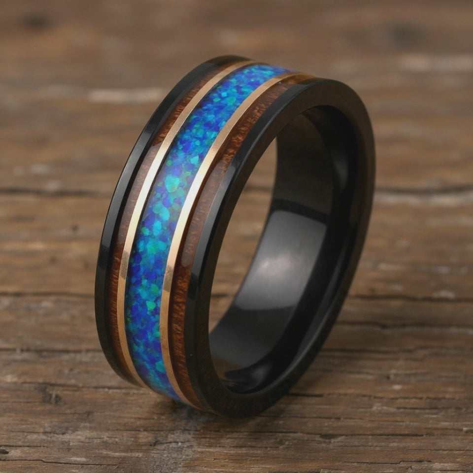 Black Tungsten + Blue Opal + Rose Gold + Koa Wood