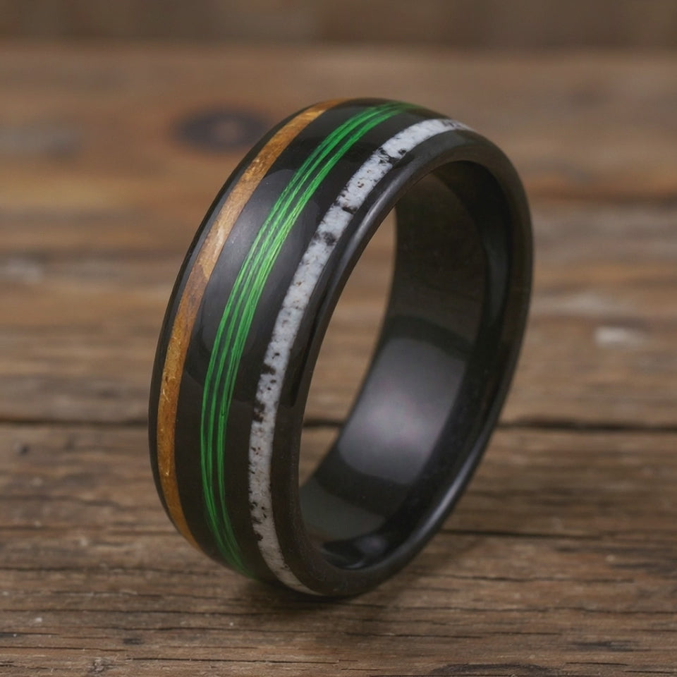 Black Tungsten + Whiskey Barrel Oak Wood + Antler + Green Fishing Line