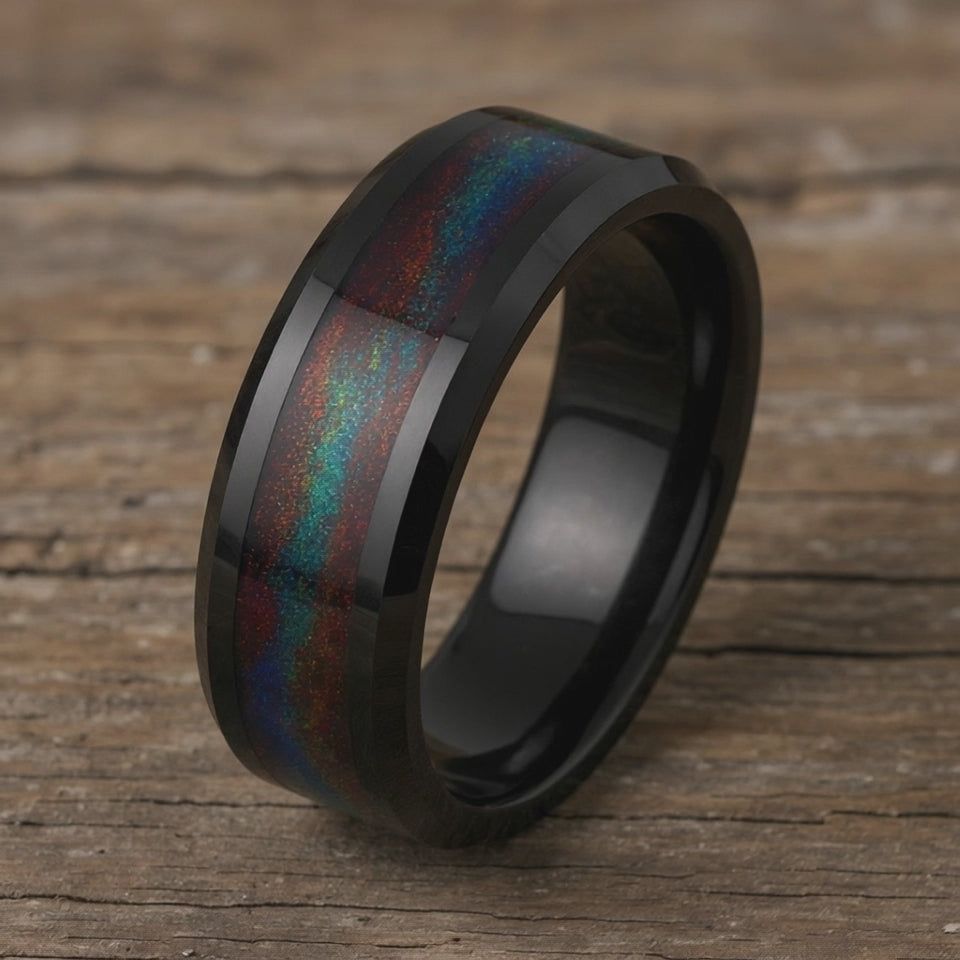 Black Tungsten + Green & Red Flowing Sand