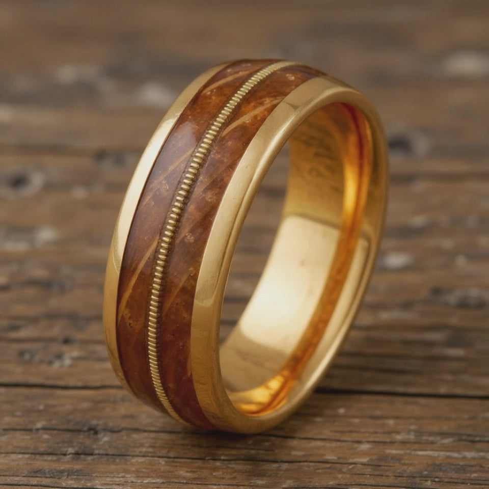Rose Gold Tungsten + Guitar String + Whiskey Barrel Oak Wood