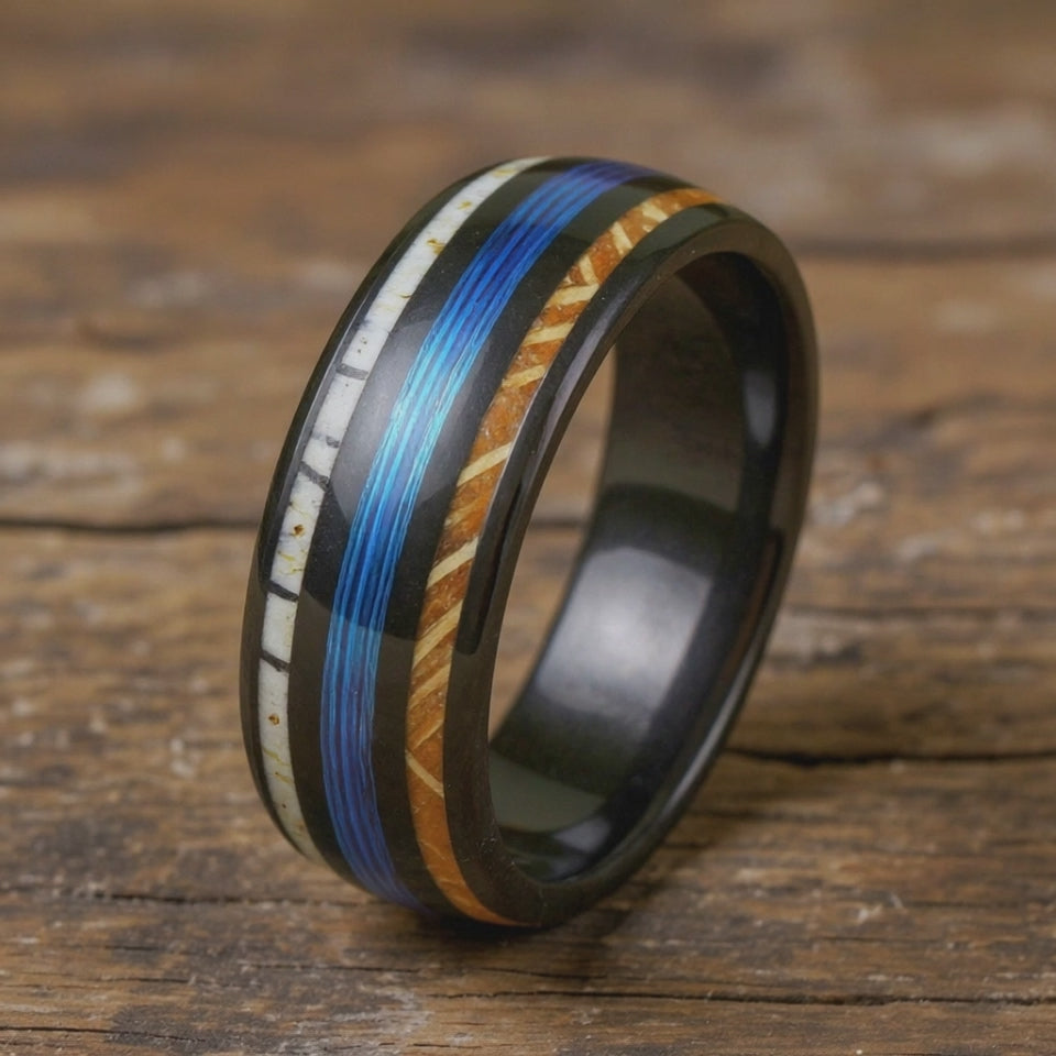 Black Tungsten + Whiskey Barrel Oak Wood+ Antler + Blue Fishing Line