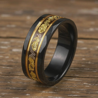 Black Tungsten + Gold Leaf + Meteorite + Rose Gold Stripes