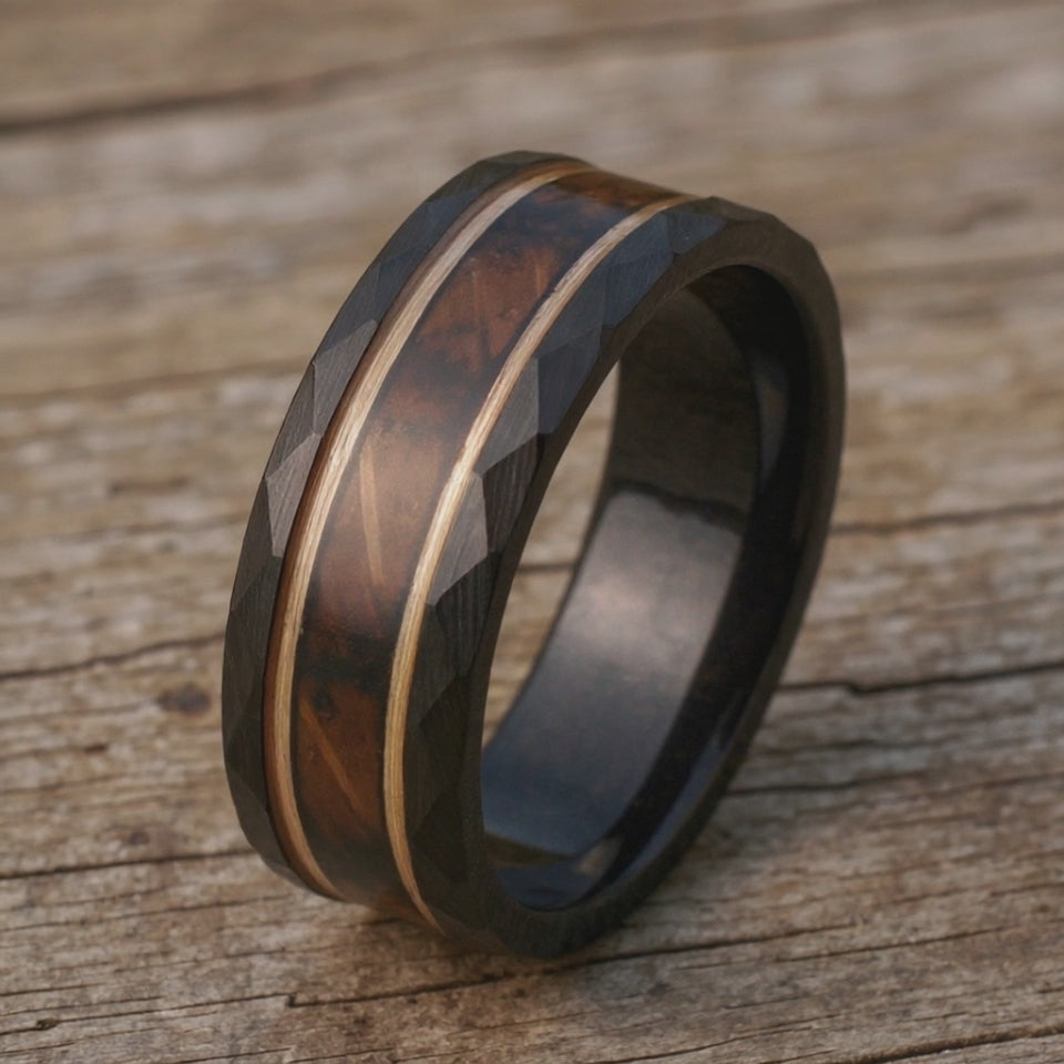 Black Tungsten + Charred Whiskey Barrel Oak Wood + Rose Gold Stripes