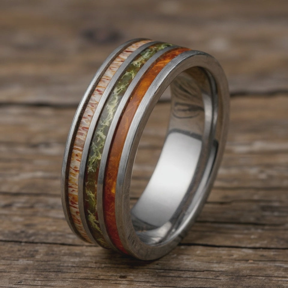 Silver Tungsten + Moss Agate + Whiskey Barrel Oak Wood + Antler