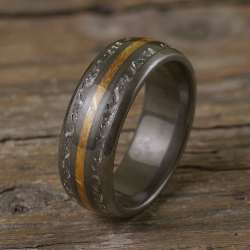 Black Tungsten + Whiskey Barrel Oak Wood + Meteorite