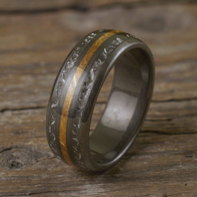 Black Tungsten + Whiskey Barrel Oak Wood + Meteorite